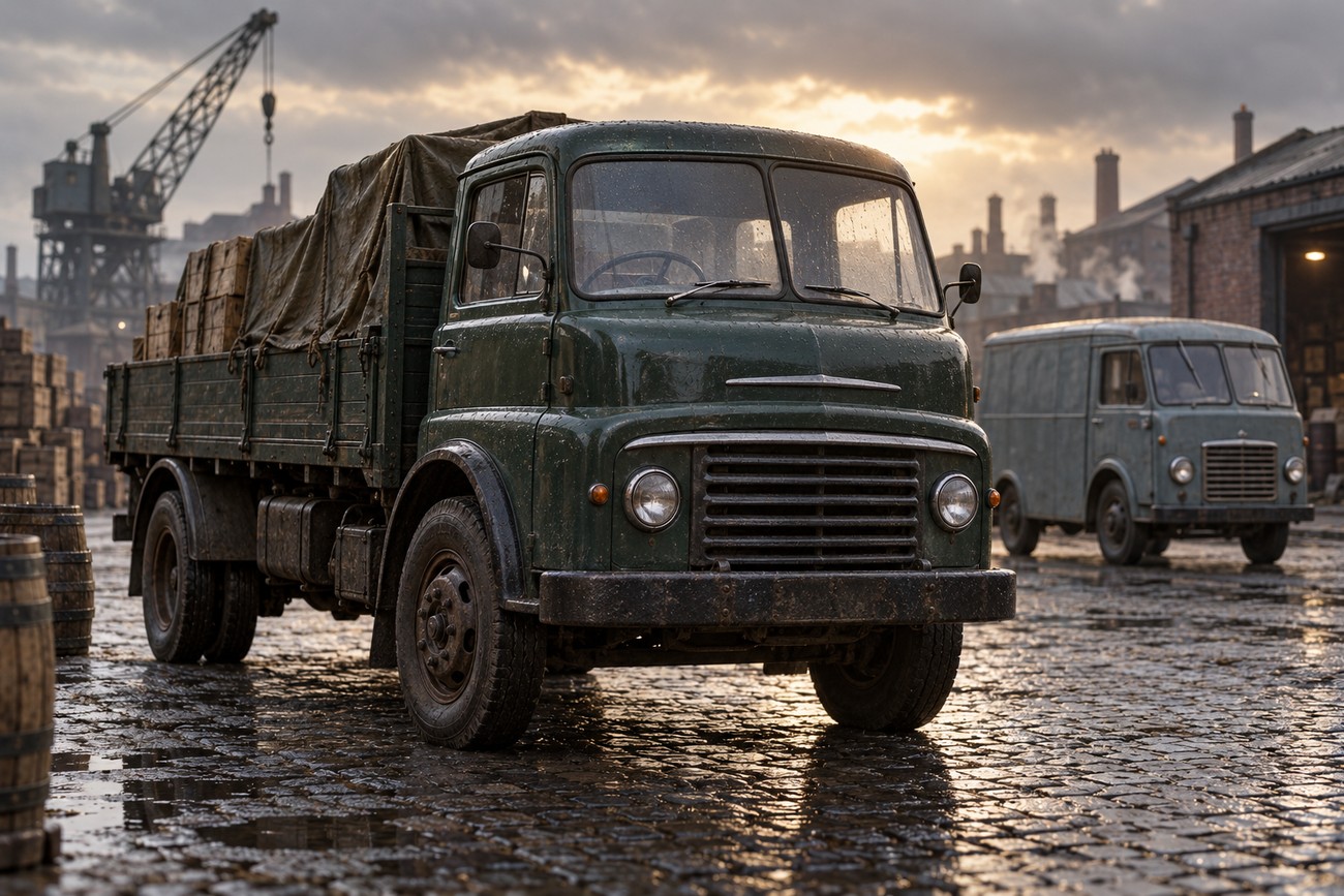 A vintage green Commer Karrier flatbed truck with wooden crates and a tarp parked on a wet cobblestone yard with another van in the background