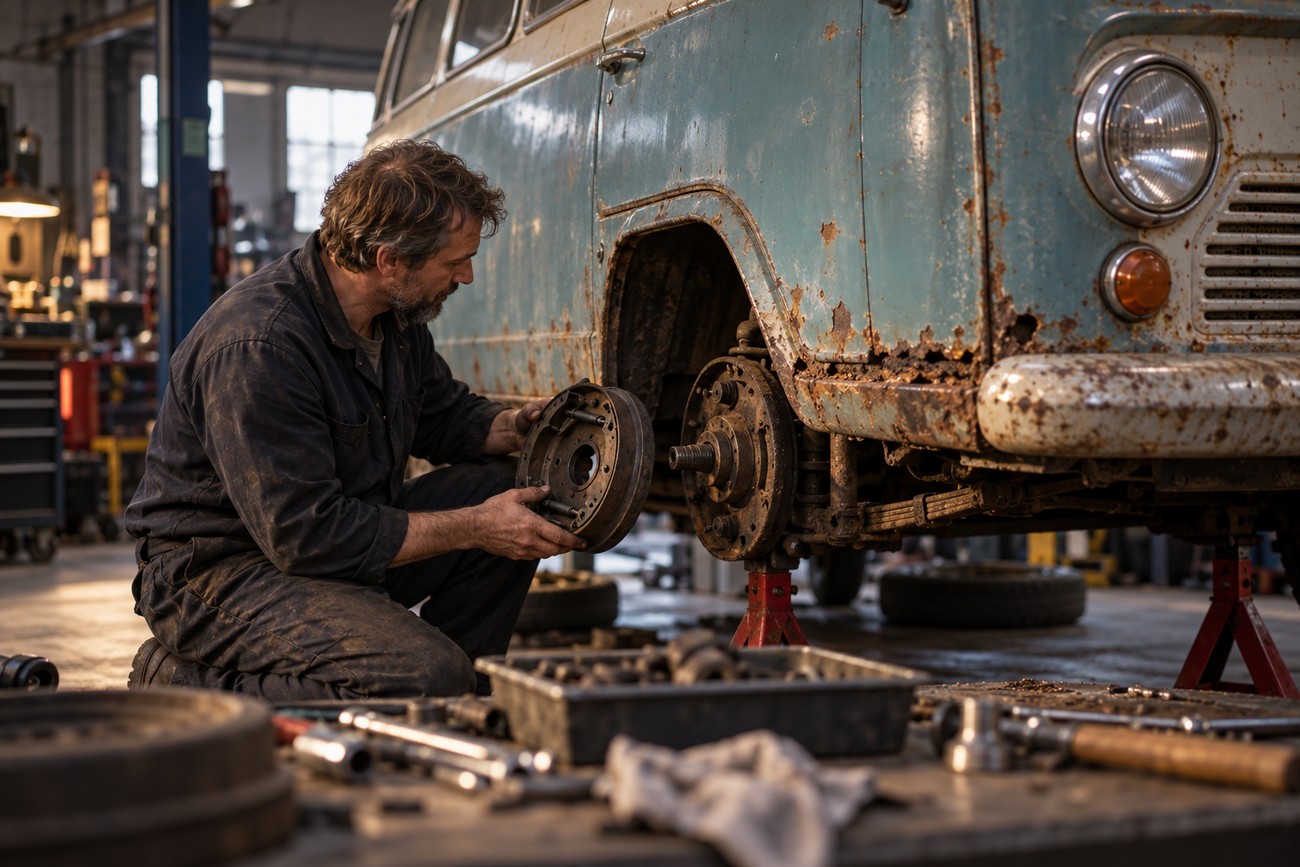 A mechanic in overalls repairs the brake assembly of a vintage rusty Commer Karrier van in a workshop