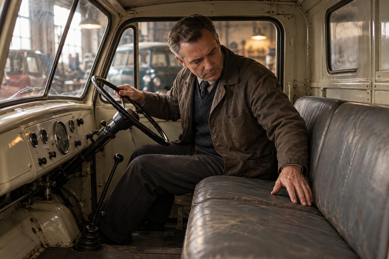 Middle-aged man sitting behind the steering wheel in the interior cabin of a classic Commer Karrier utility van