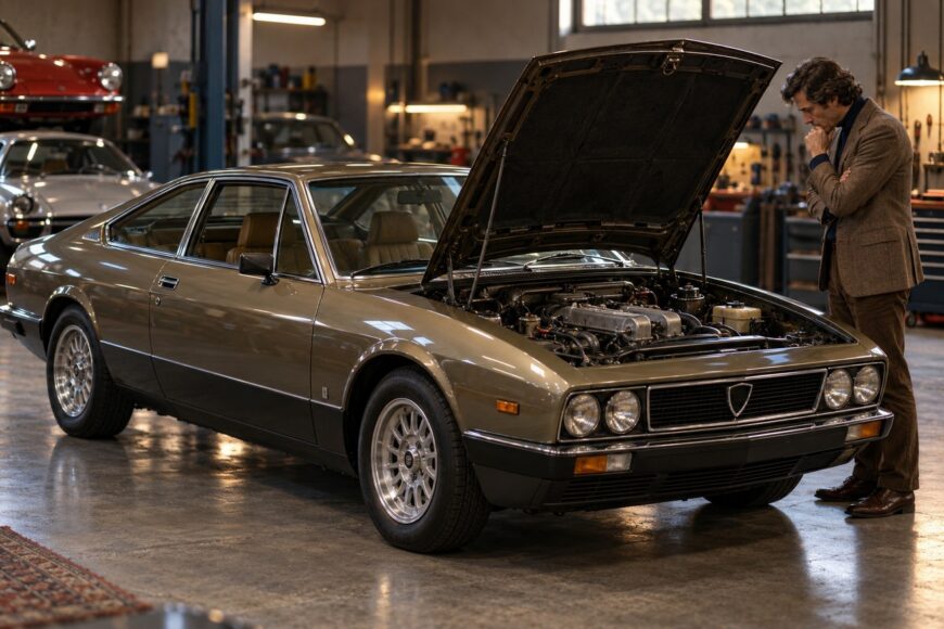 A man in a brown blazer thoughtfully inspecting the open engine bay of a classic Lancia Gamma Coupe parked inside a vintage repair garage