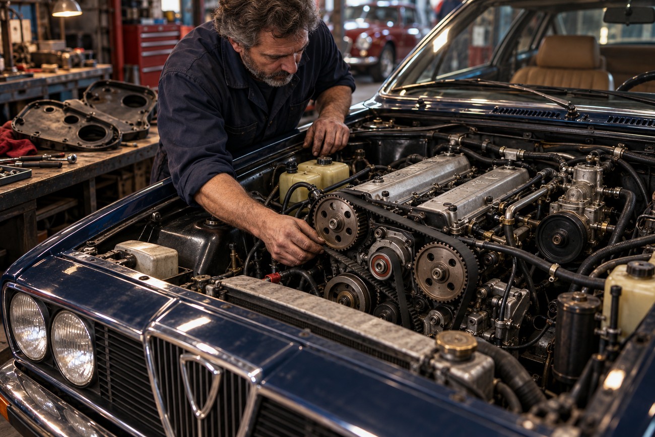 A mechanic carefully inspecting the engine and timing belt of a classic Lancia Gamma Coupe in a vintage garage