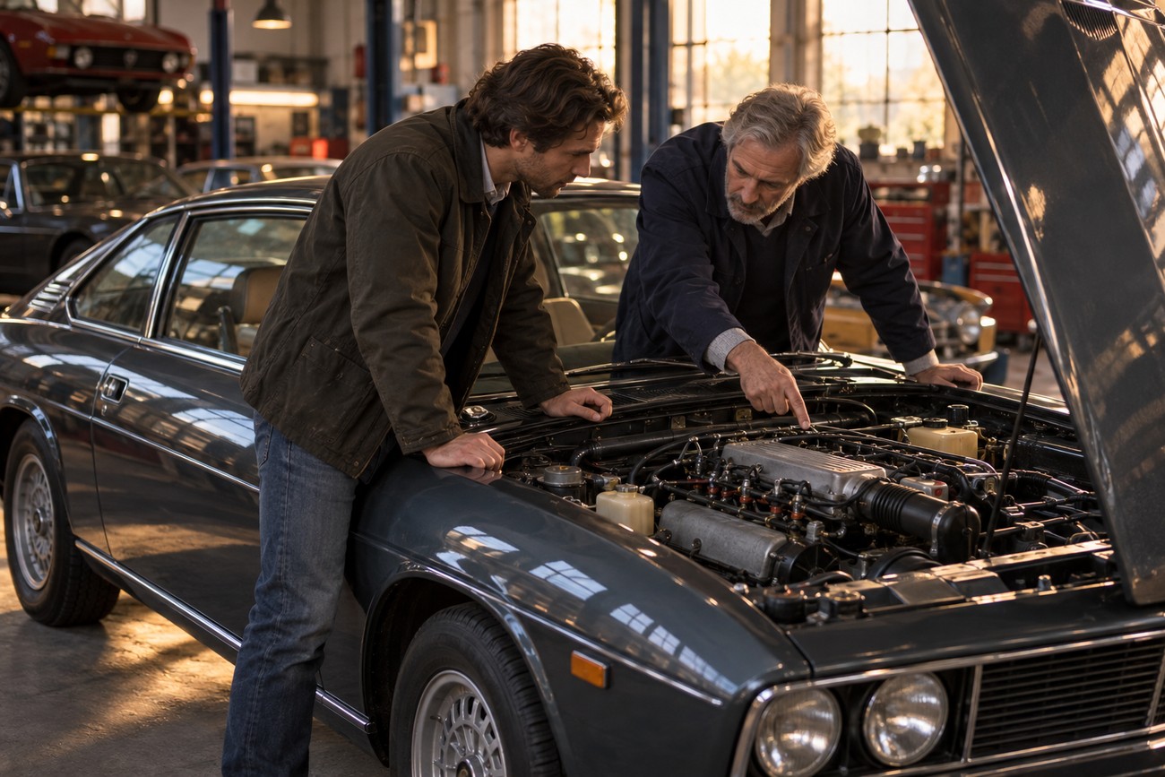 Two men inspecting the engine of a classic dark grey Lancia Gamma Coupe in a vintage repair shop