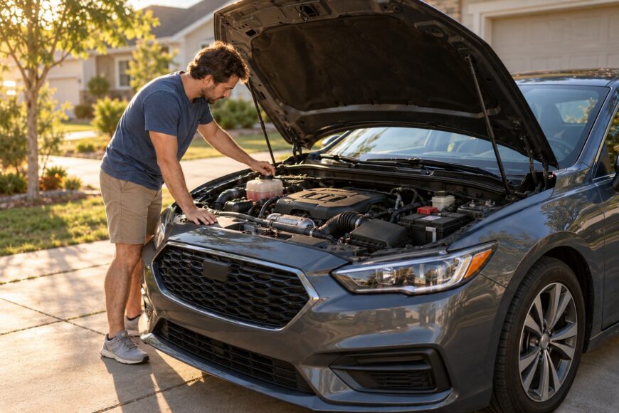 Man checking the coolant fluid level under the open hood of his car outdoors on a sunny day