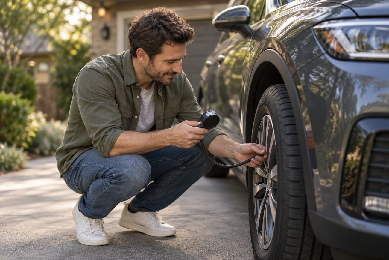 A man crouching in a driveway while checking the tire pressure on his dark car