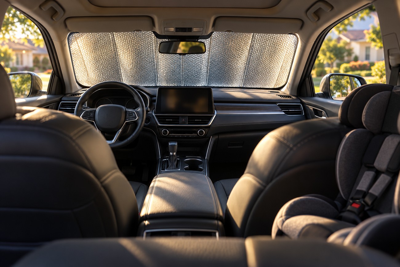 Reflective sunshade installed on the front windshield inside a car interior on a sunny day