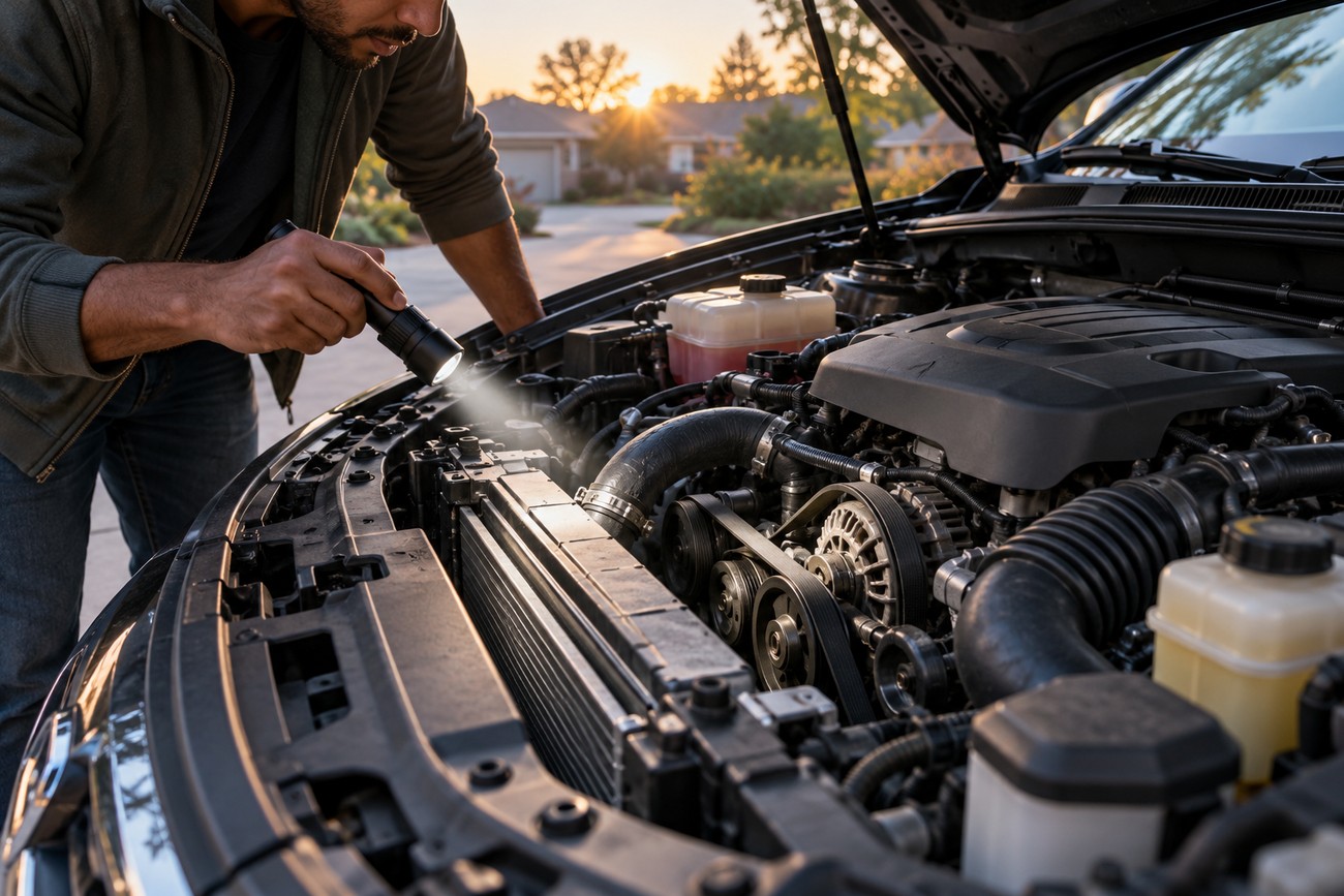 A man using a flashlight to inspect the engine bay and radiator of a car outdoors at sunset