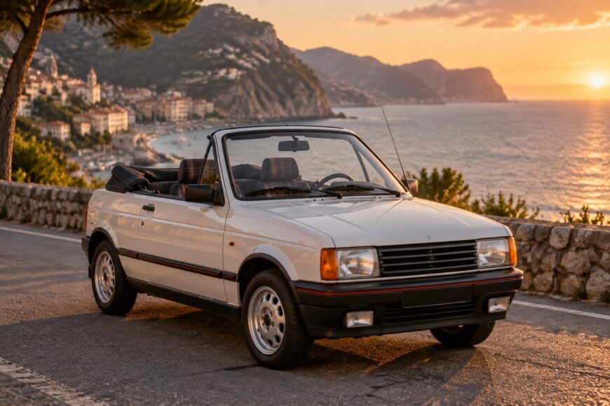 A white Talbot Samba Cabriolet parked on a scenic coastal road during a golden sunset with mountains and a town in the background