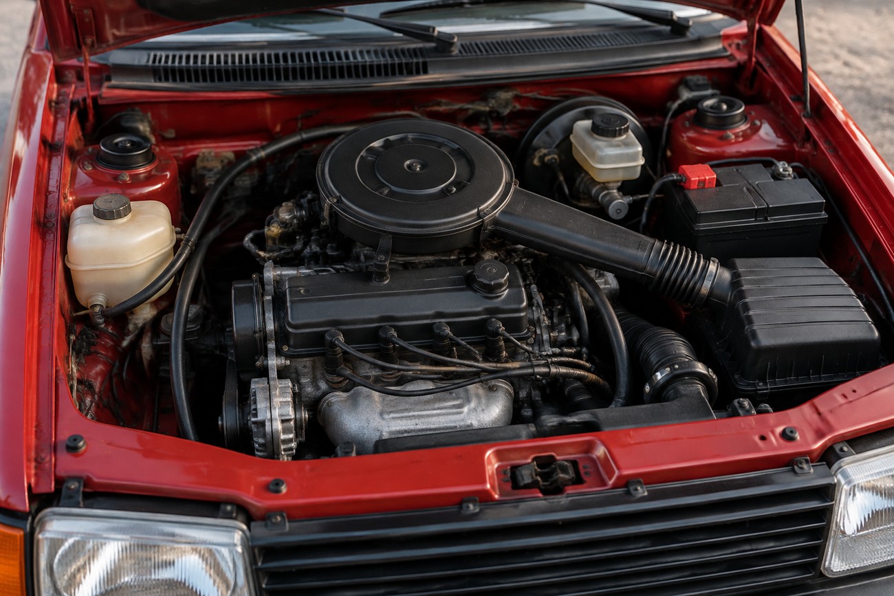 Detailed top-down view of the clean engine bay inside the red Talbot Samba Cabriolet