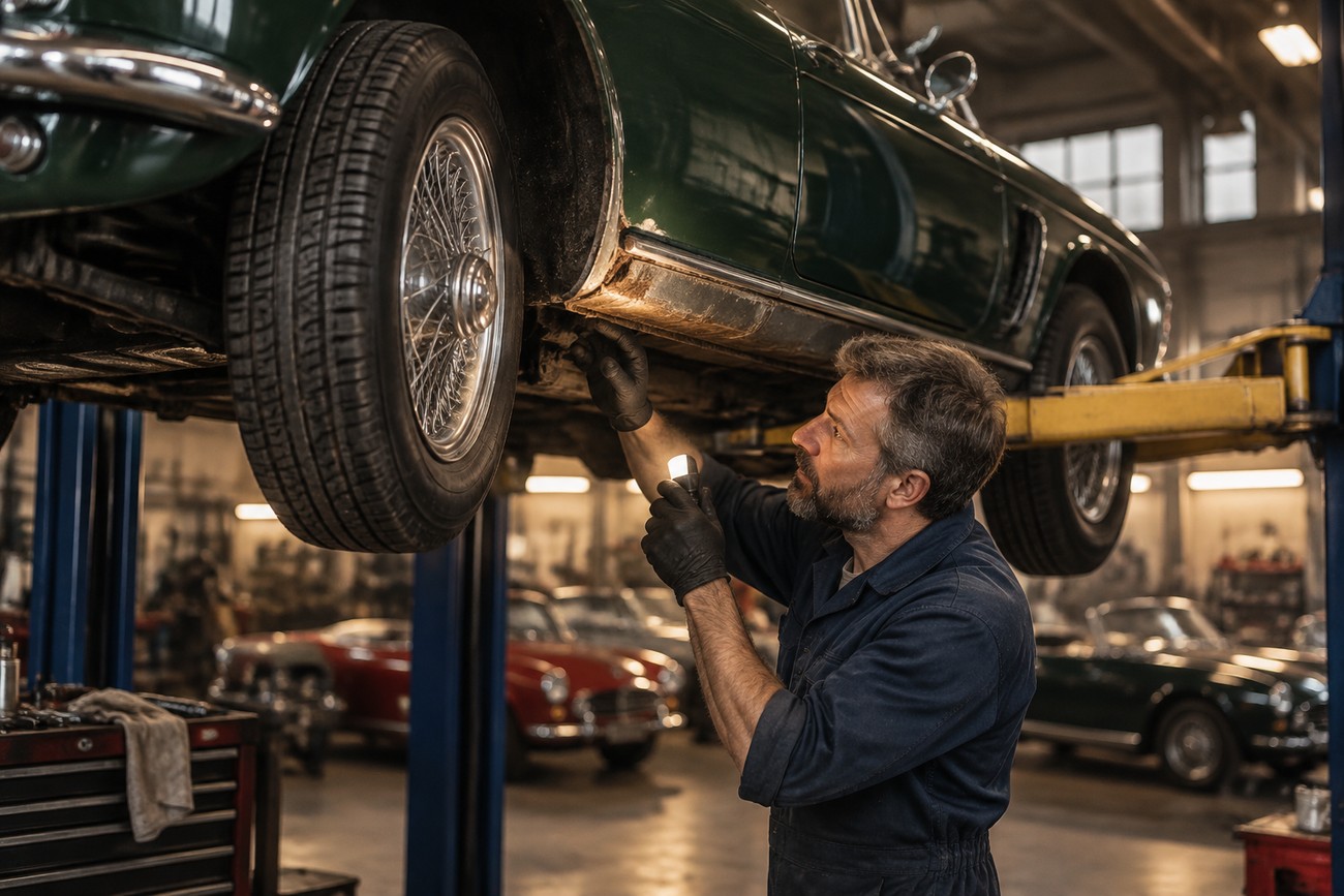 A mechanic wearing gloves holding a flashlight while inspecting the undercarriage of a classic convertible car in a garage