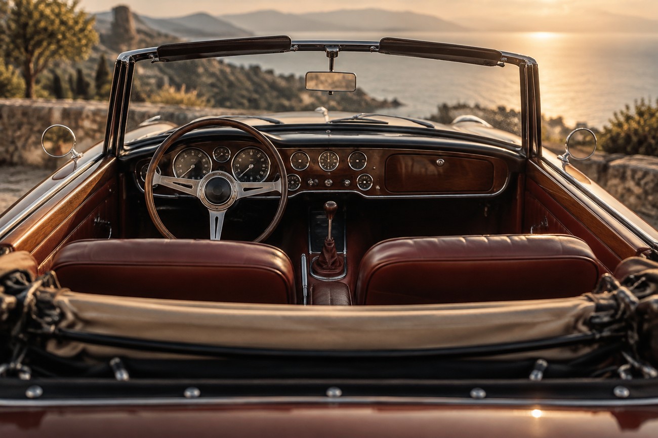 Interior view of a classic Talbot Samba Cabriolet showing the wooden dashboard and steering wheel with a sunset sea view in the background