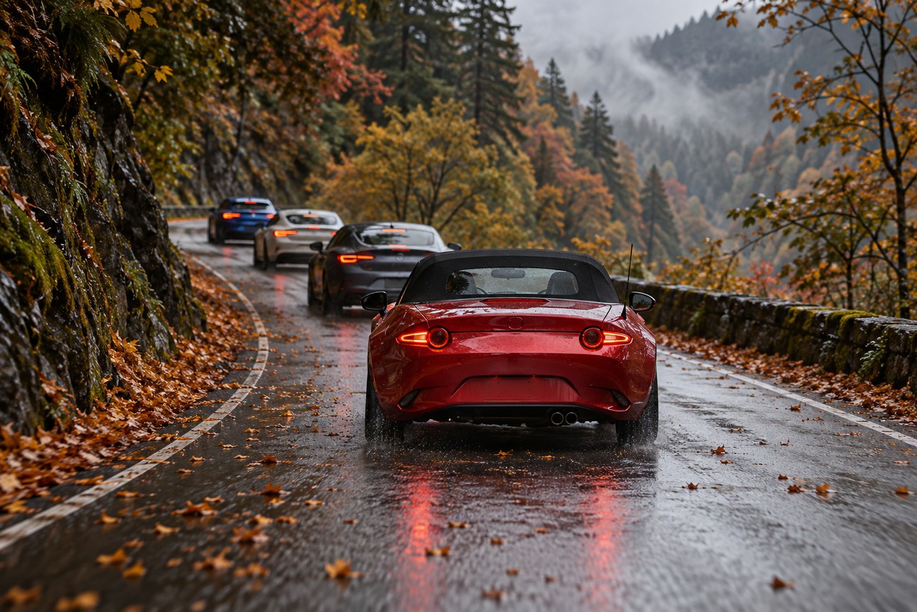 A red Mazda Miata convertible driving on a wet winding mountain road with autumn leaves alongside other cars