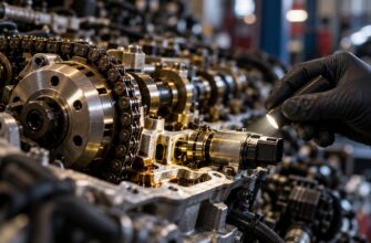 A mechanic wearing black gloves uses a small flashlight to inspect the VVT solenoid and timing chain on an open car engine