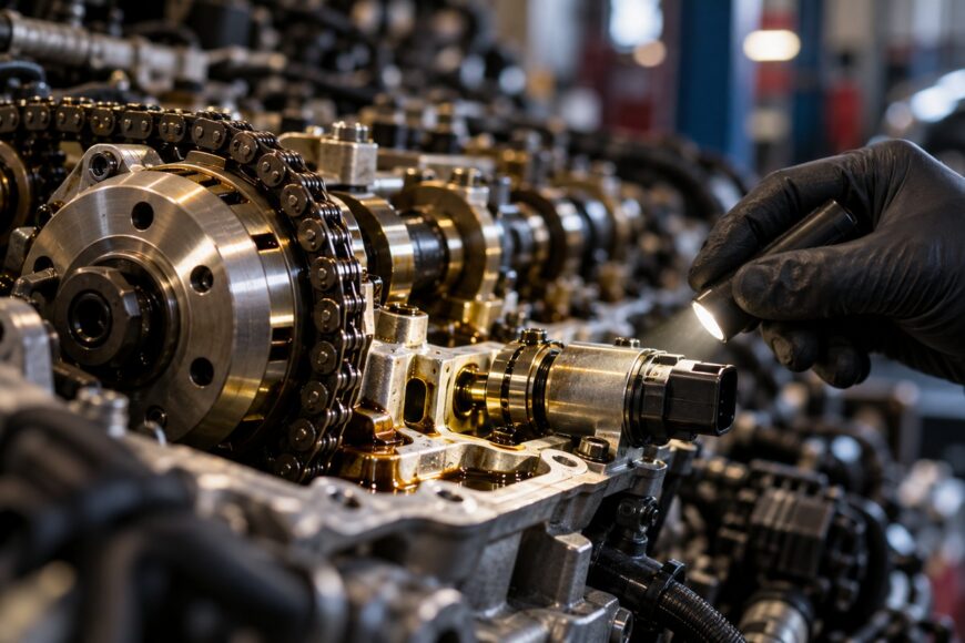 A mechanic wearing black gloves uses a small flashlight to inspect the VVT solenoid and timing chain on an open car engine