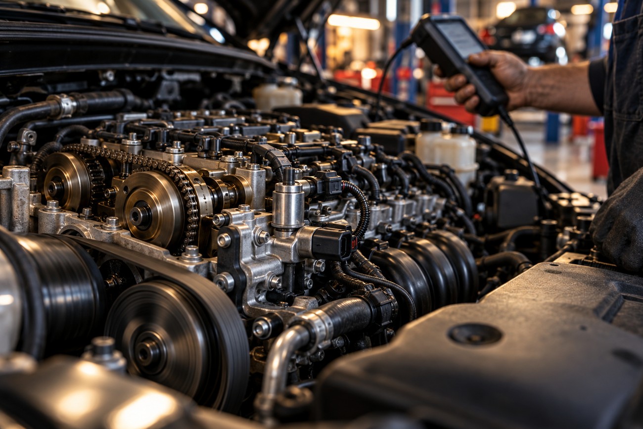 Mechanic holding a diagnostic scanner while checking the variable valve timing components under an open car hood