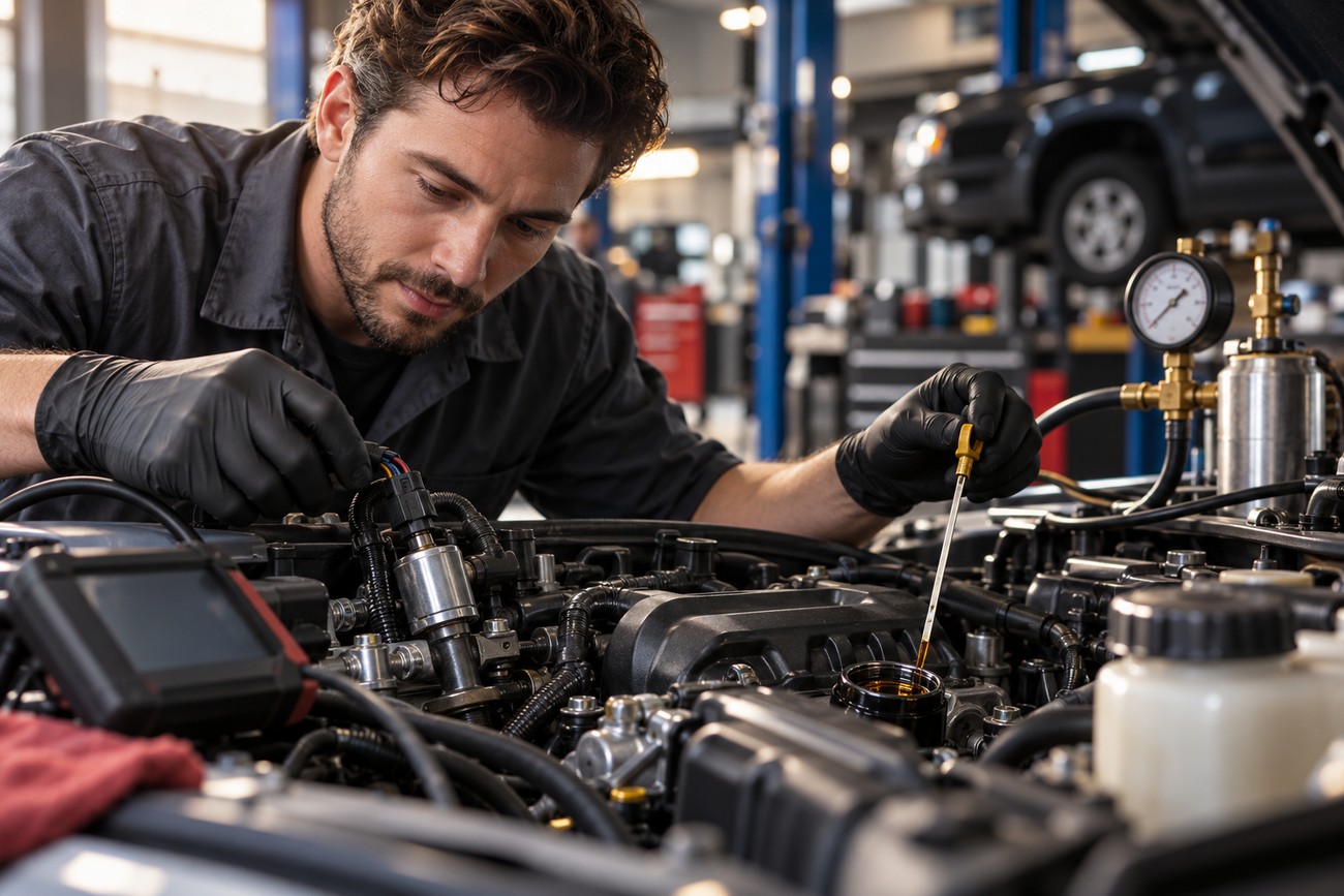 A mechanic in black gloves inspects the engine bay and checks oil levels during a variable valve timing diagnosis