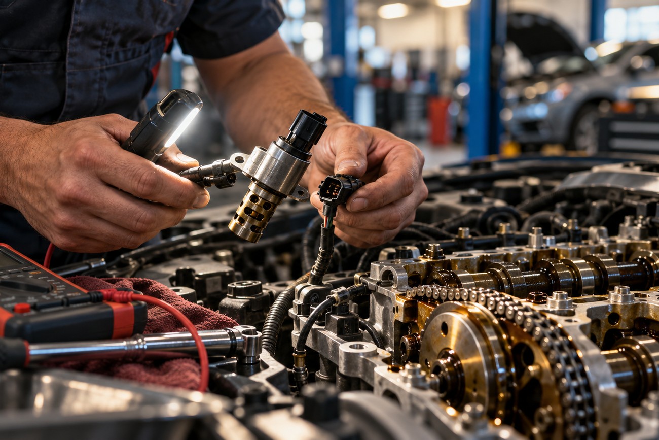 A mechanic in an auto repair shop holds a variable valve timing solenoid and inspects its wiring harness connector over an open engine