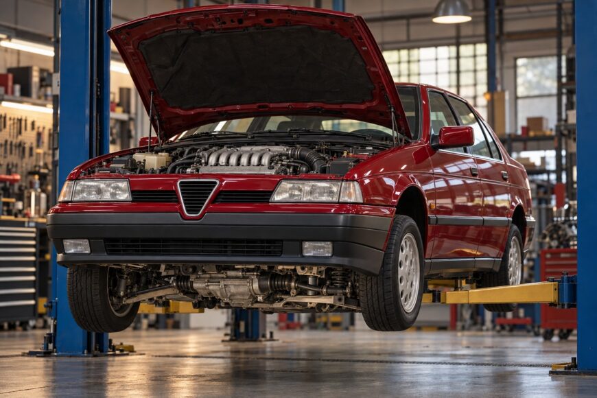 Red Alfa Romeo 164 Q4 sedan lifted in a workshop with its hood open revealing the Busso V6 engine