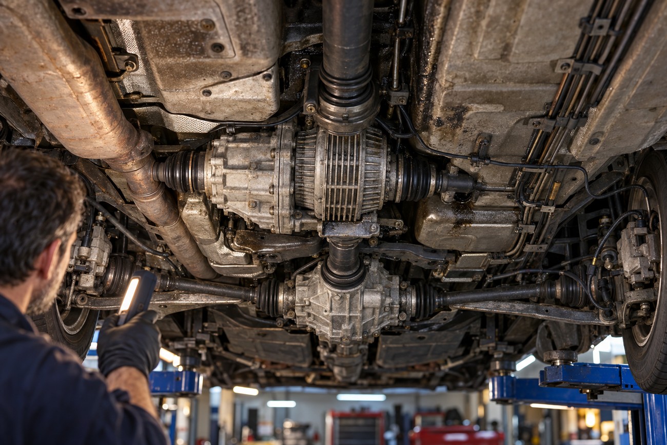 Mechanic inspecting the all-wheel-drive system and differential undercarriage of an Alfa Romeo 164 Q4 sedan on a lift