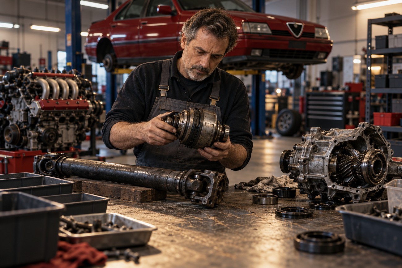 A mechanic in overalls inspects an Alfa Romeo 164 Q4 AWD transmission component at a workbench in an auto repair shop with a red sedan on a lift in the background
