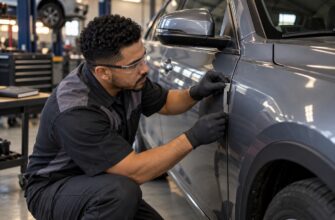 Mechanic in safety glasses and black gloves measuring panel gaps on a gray car door in a workshop