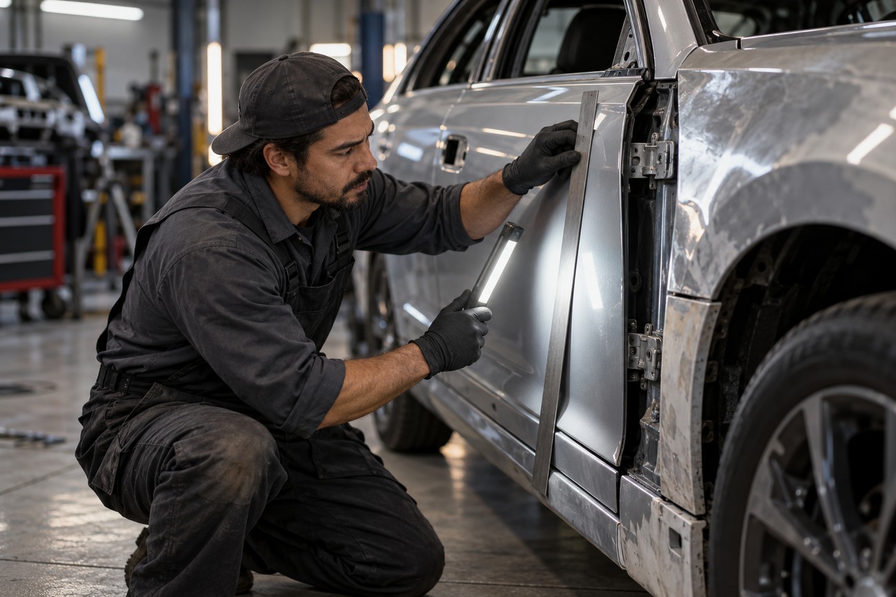 Mechanic wearing black gloves inspects car door panel alignment with a ruler and light in an auto shop