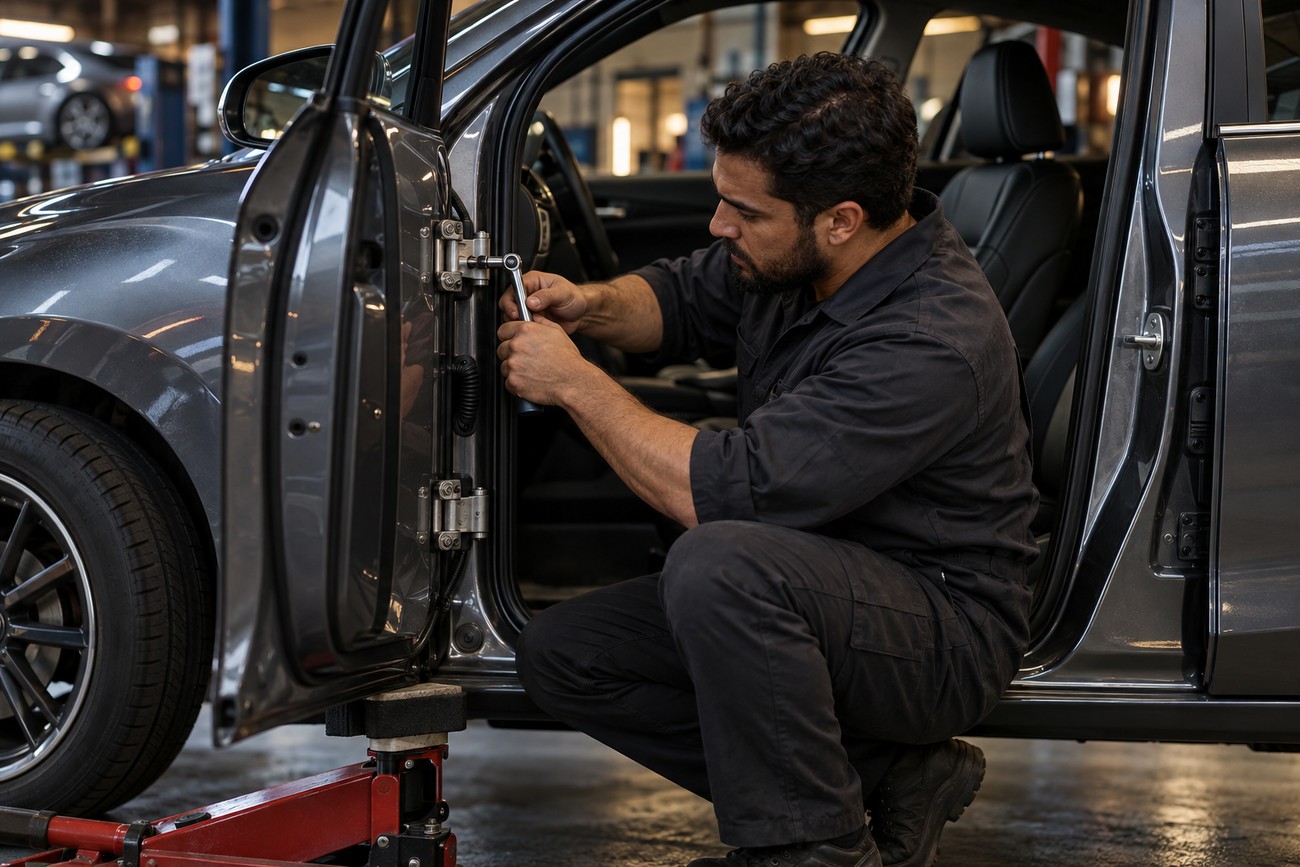 Mechanic adjusting the door hinge of a dark gray car with a ratchet in an auto repair shop