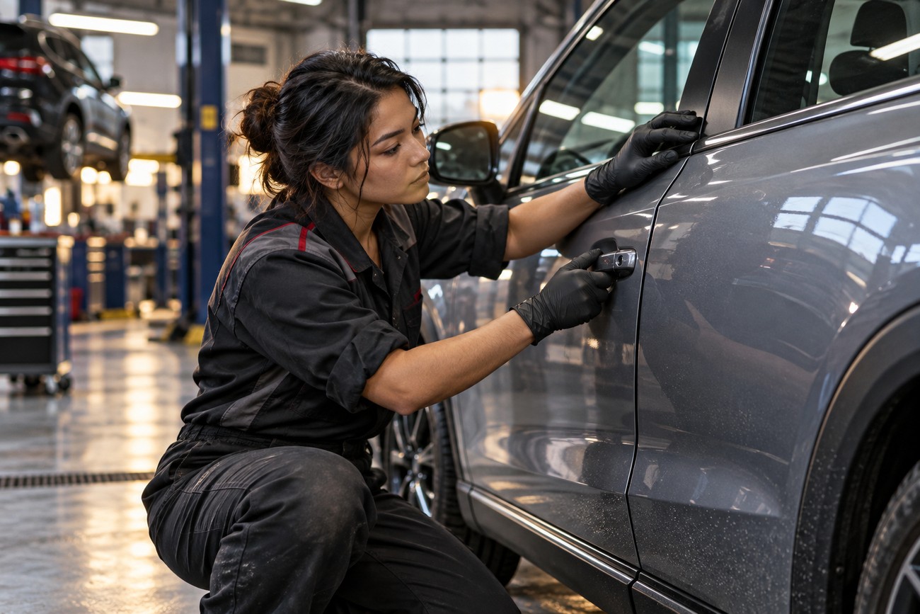 A female mechanic wearing black gloves inspects a car door and panel gaps in a repair shop