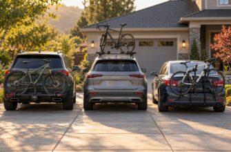 Three cars parked in a suburban driveway equipped with hitch, roof, and trunk mount bike racks holding bicycles