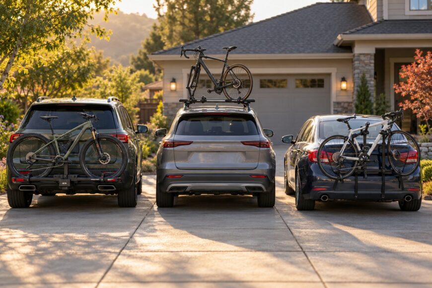 Three cars parked in a suburban driveway equipped with hitch, roof, and trunk mount bike racks holding bicycles