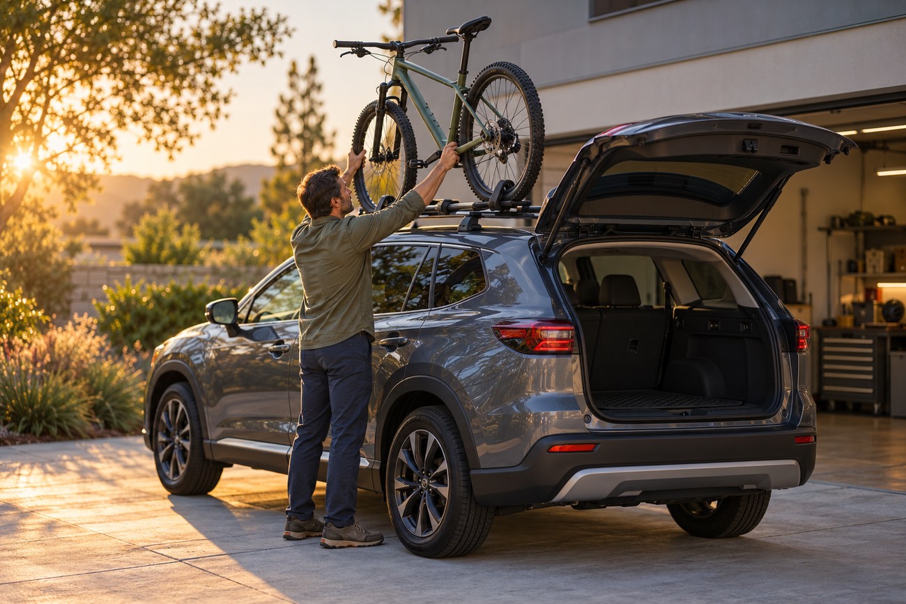 A man placing a mountain bike onto the roof mount bike rack of his SUV