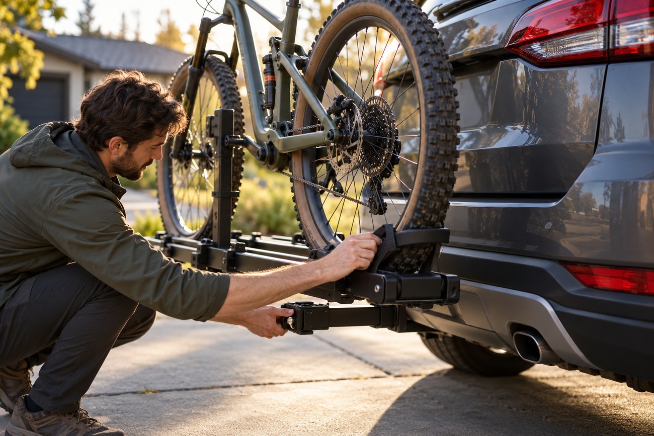 A man crouching and securing a mountain bike wheel onto a hitch-mounted bike rack on a car