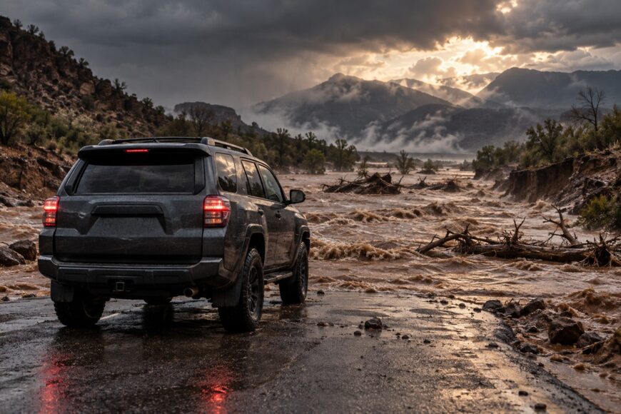 A dark Toyota 4Runner SUV stopped near a raging flash flood covering a road with muddy water and debris under stormy mountain skies