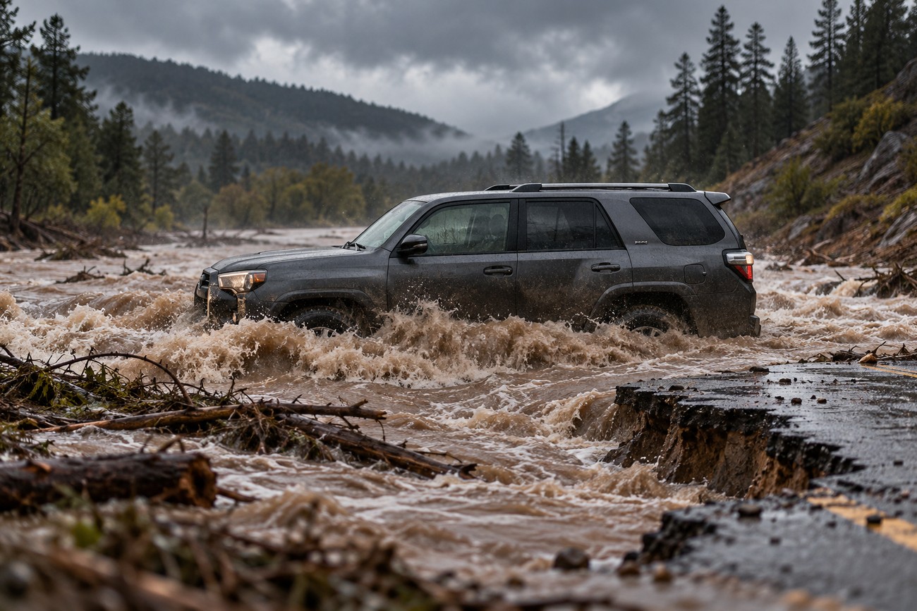 A dark gray Toyota 4Runner driving through a rushing flash flood over a washed-out mountain road with debris