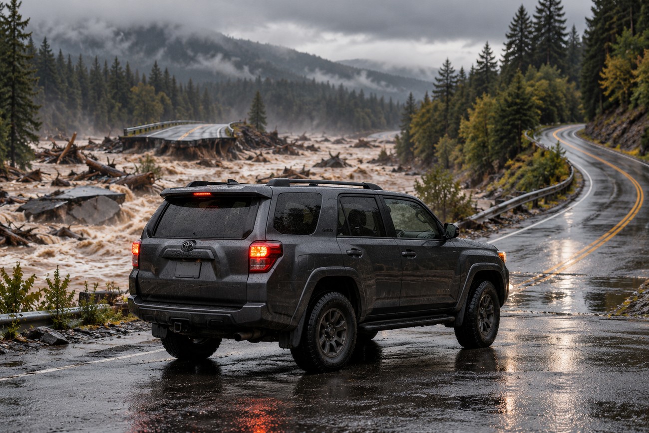 A dark gray Toyota 4Runner stopped on a wet asphalt road overlooking a dangerous flash flood and a destroyed bridge
