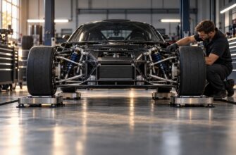 A mechanic in black uniform working on the front suspension of a race car resting on digital corner scales inside a bright workshop