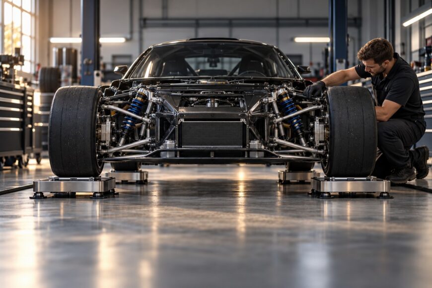 A mechanic in black uniform working on the front suspension of a race car resting on digital corner scales inside a bright workshop