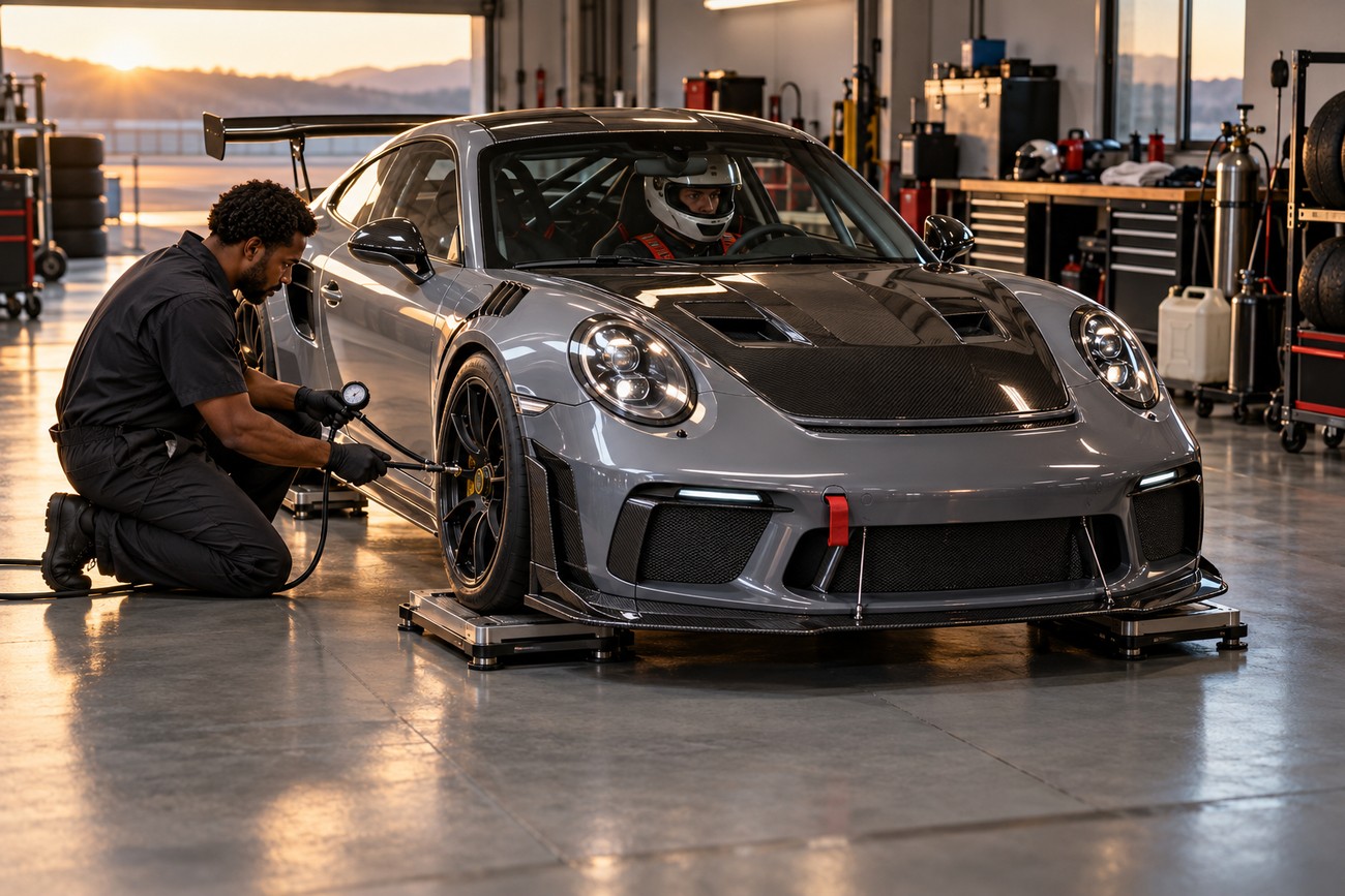 Mechanic kneeling beside a grey sports car on corner balancing scales inside a bright garage