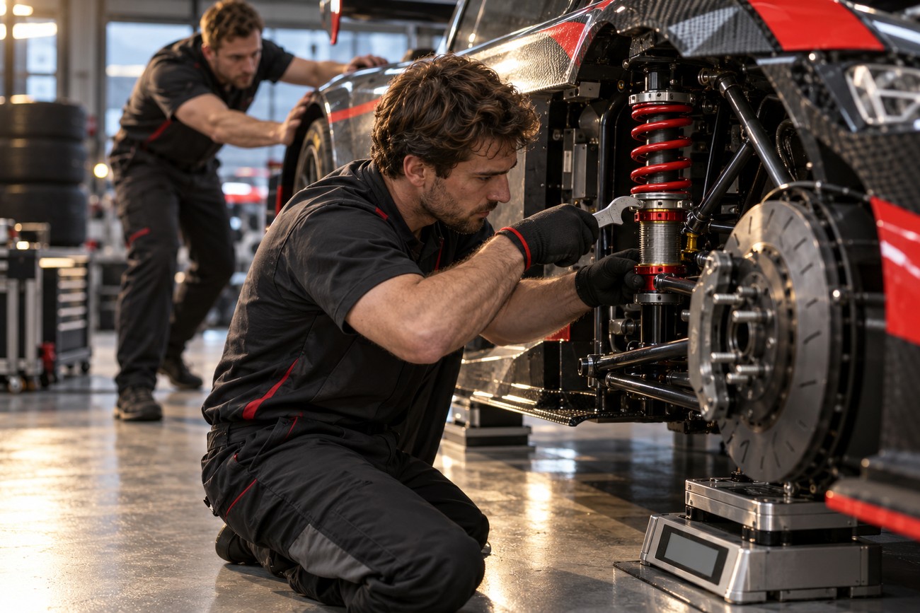 A mechanic in a workshop adjusts the red coilover suspension on a race car positioned on scales for corner balancing