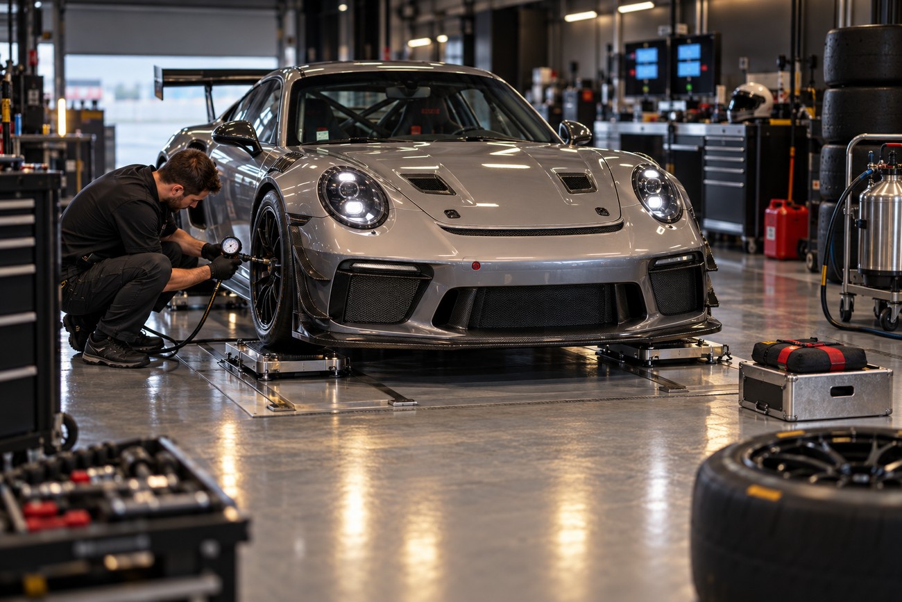 A mechanic checks tire pressure while a sports car sits on corner scales in a professional garage