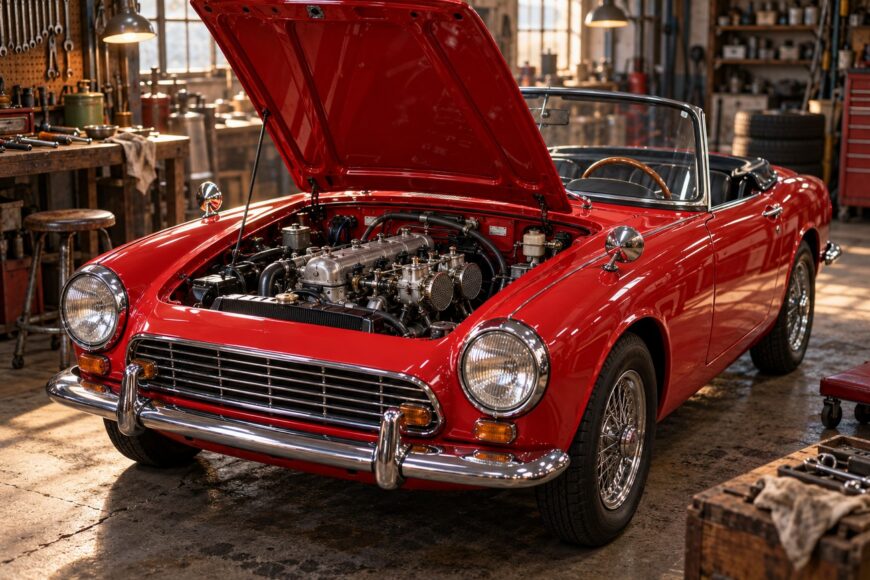 Bright red classic Honda S800 roadster with its hood open revealing the engine inside a vintage workshop