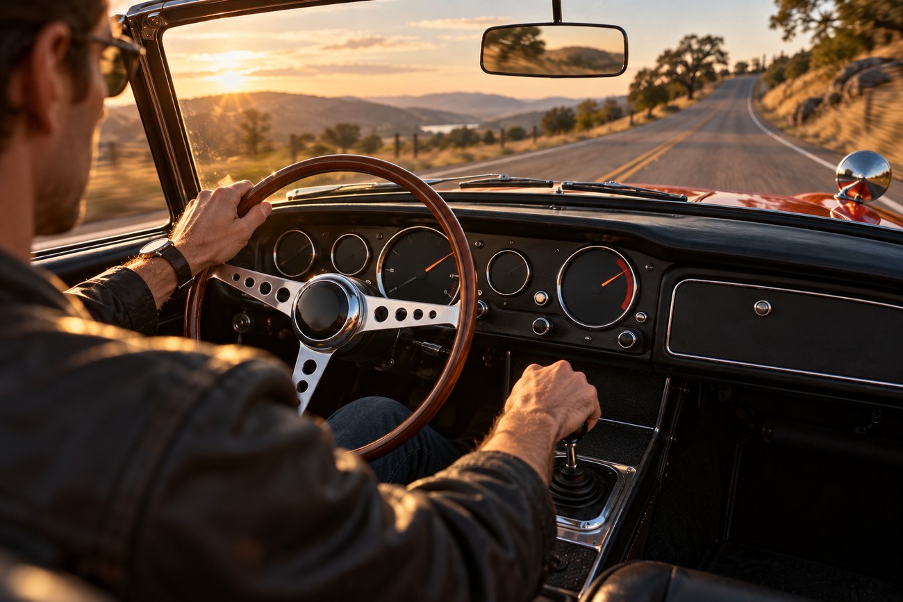 A man driving a vintage Honda S800 roadster holding a wooden steering wheel on a scenic country road during sunset