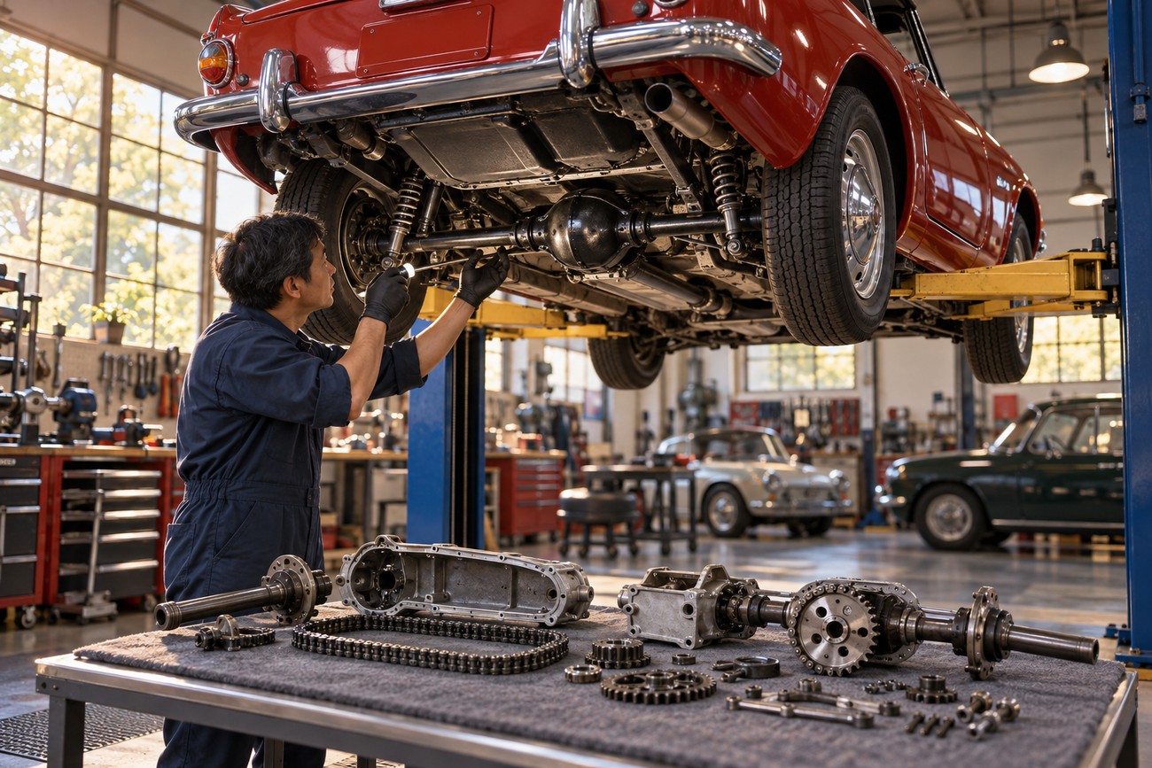 Mechanic inspecting the undercarriage of a red classic Honda S800 roadster on a lift in a workshop with disassembled drivetrain parts on a workbench
