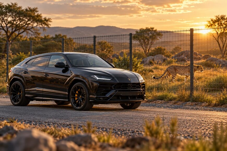 A black Lamborghini Urus super SUV parked on a dirt road while a cheetah walks behind a wire fence at sunset