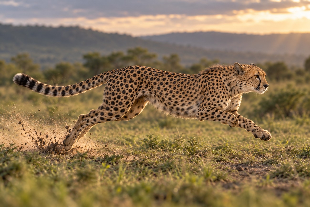 A spotted cheetah sprints at full speed across the grassy savanna kicking up dust at sunset