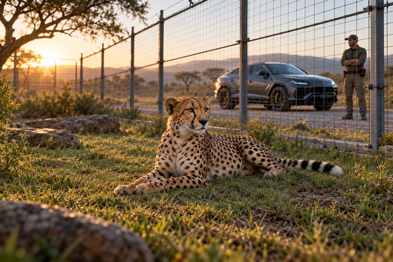 A cheetah rests on grassy ground behind a wire fence with a Lamborghini Urus and handler parked in the background at sunset