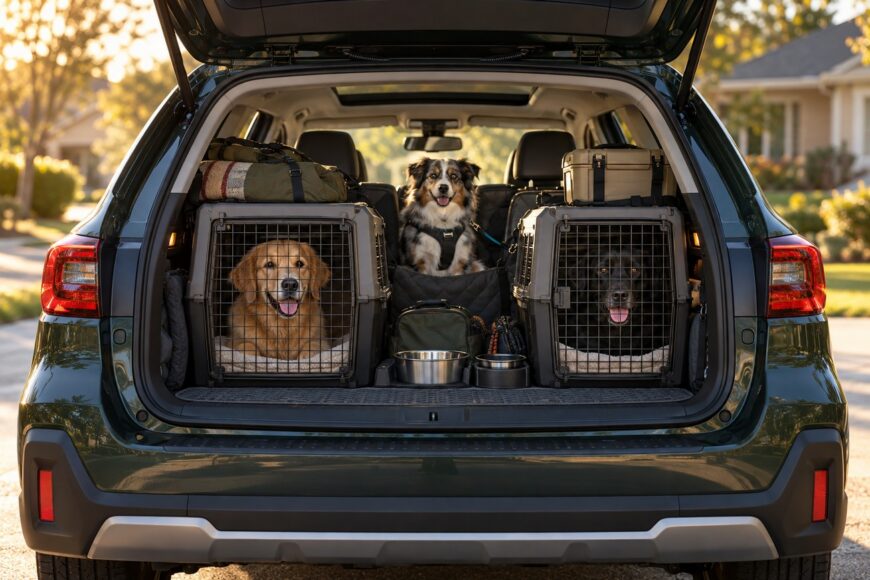 Three happy dogs secured in the trunk of a green Subaru Outback with crates and travel gear