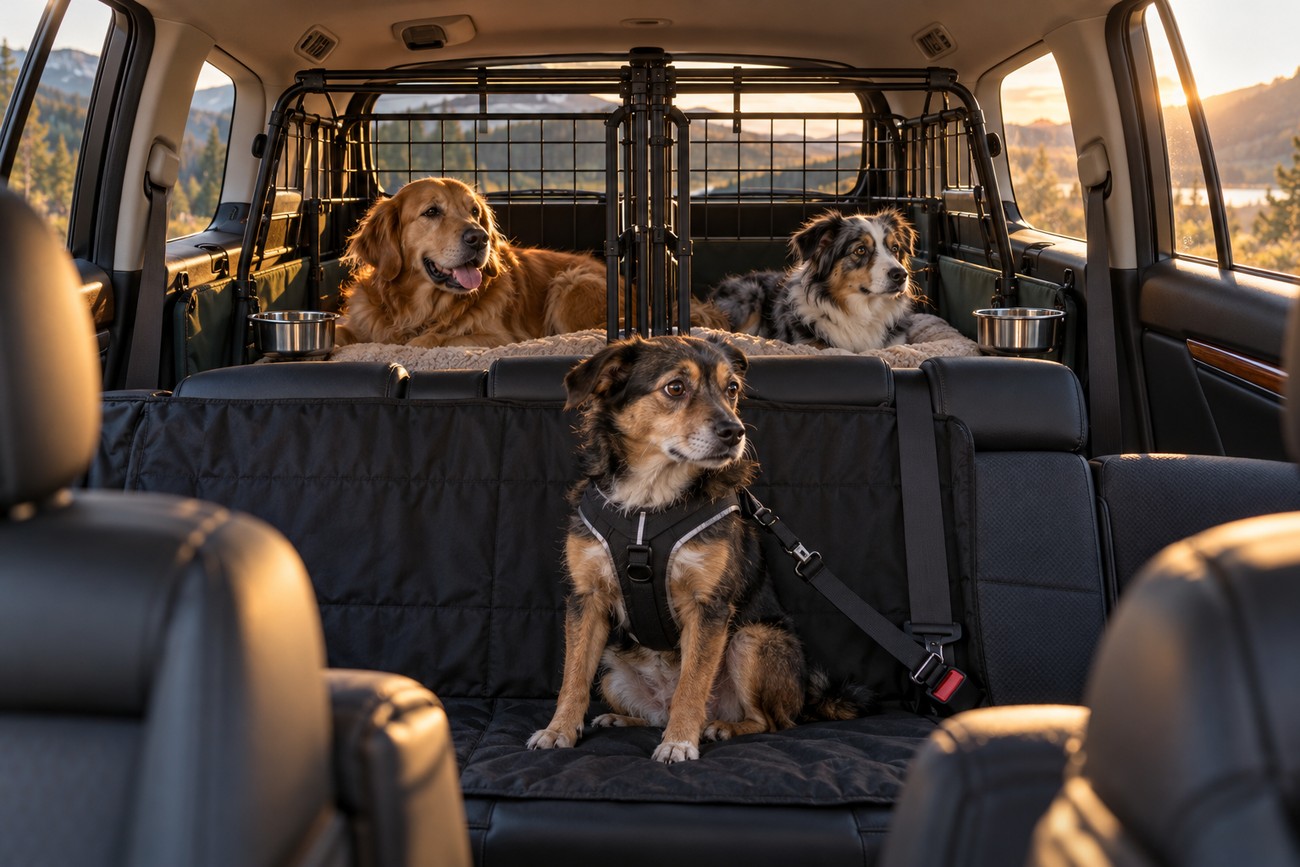 Three dogs traveling comfortably inside the trunk and backseat of a Subaru Outback with protective covers