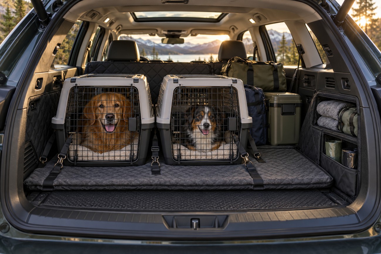 Two dogs sitting inside secure travel crates in the trunk of a Subaru Outback SUV with scenic mountain views outside