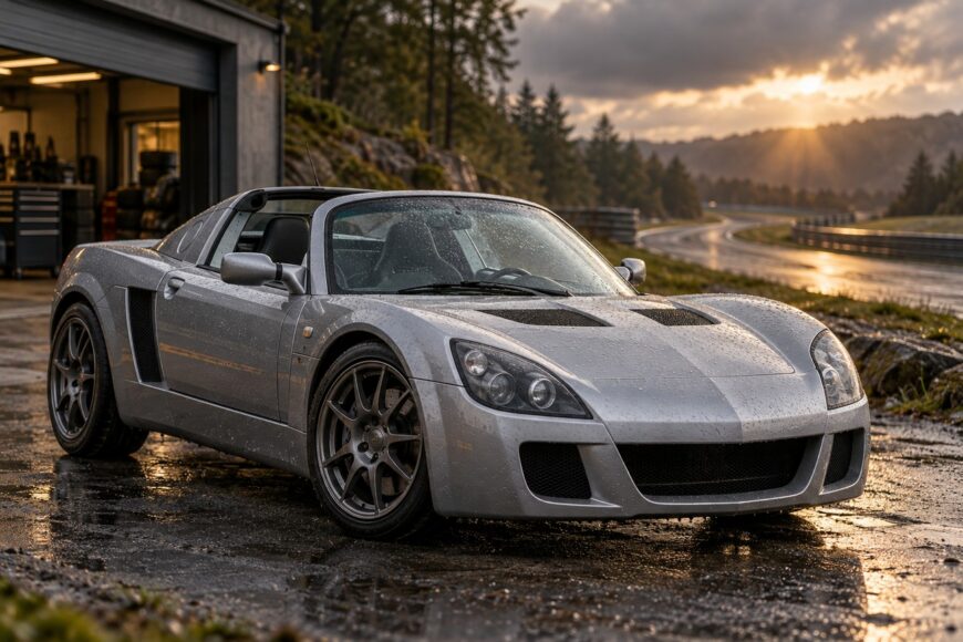 Silver Opel Speedster sports car covered in raindrops parked near a garage with a sunset and winding road in the background