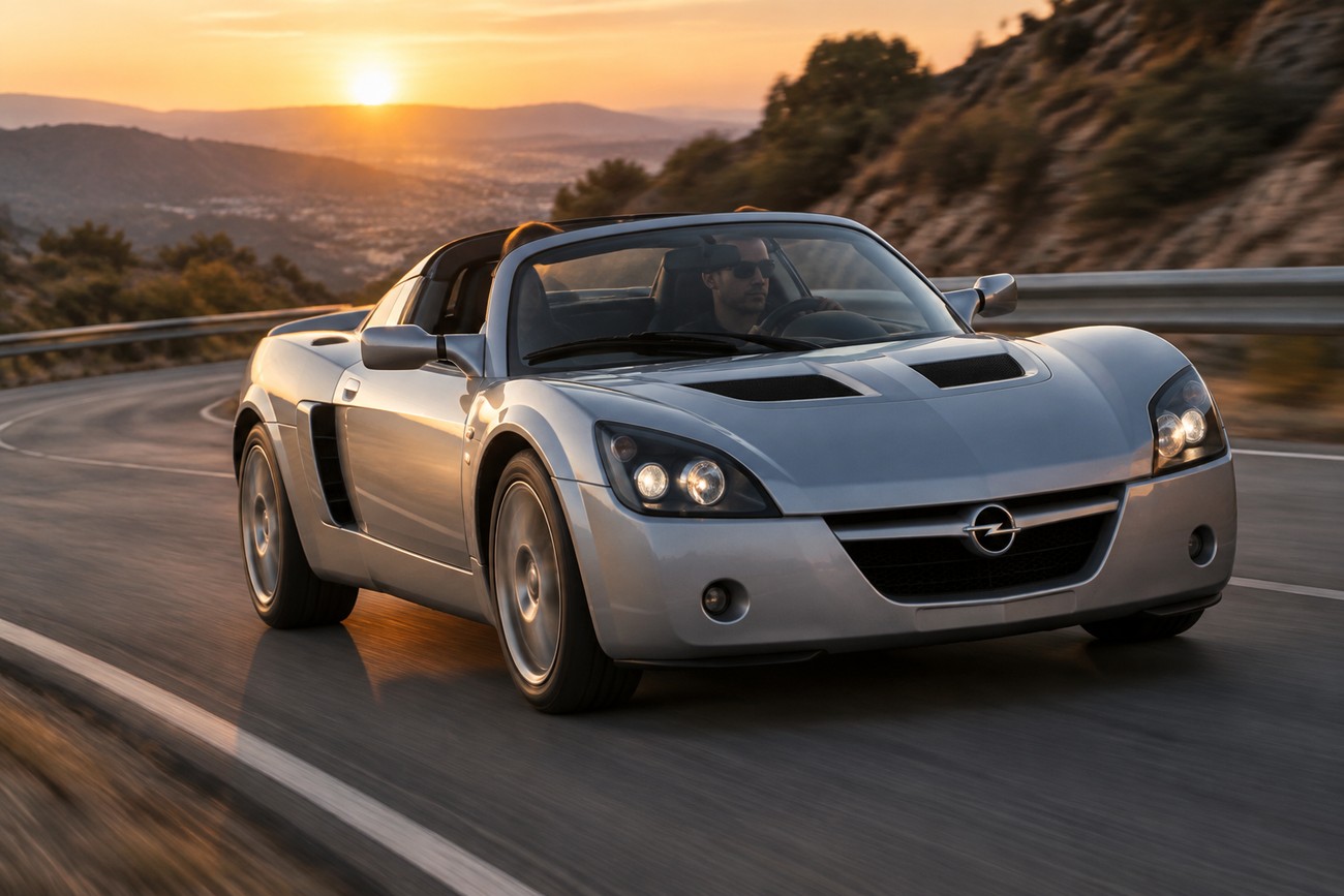 Silver Opel Speedster sports car driving on a winding mountain road during sunset with a driver